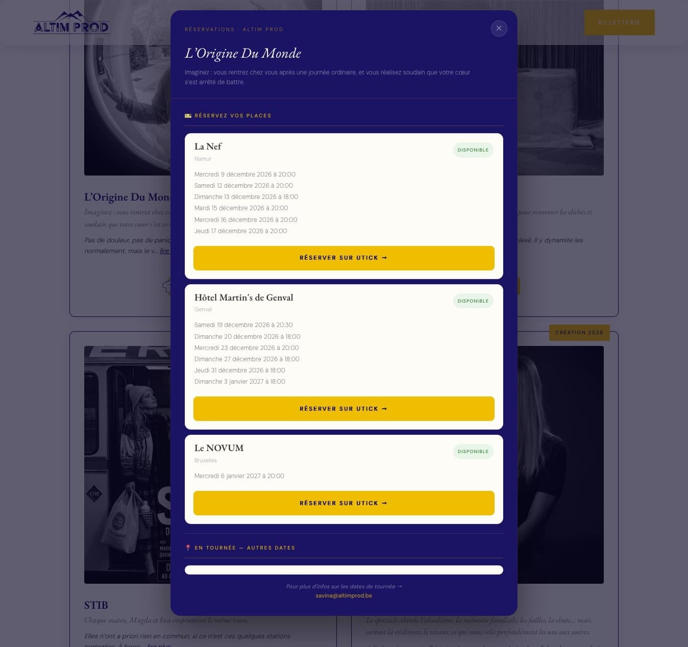 La fenêtre de réservation de L'Origine du monde sur le site d'Altim Prod : trois lieux, leurs dates et un lien vers la billetterie pour chacun