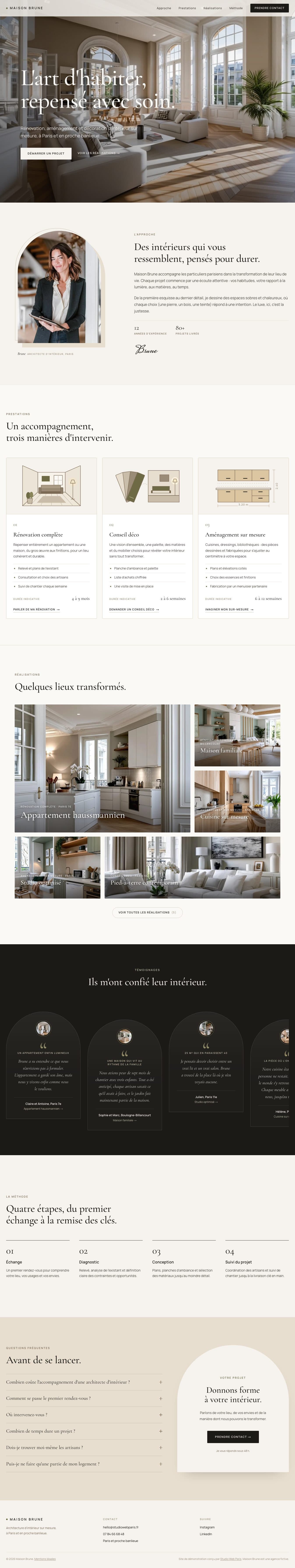 Page d'accueil du site de démonstration Maison Brune, studio d'architecture intérieure imaginaire