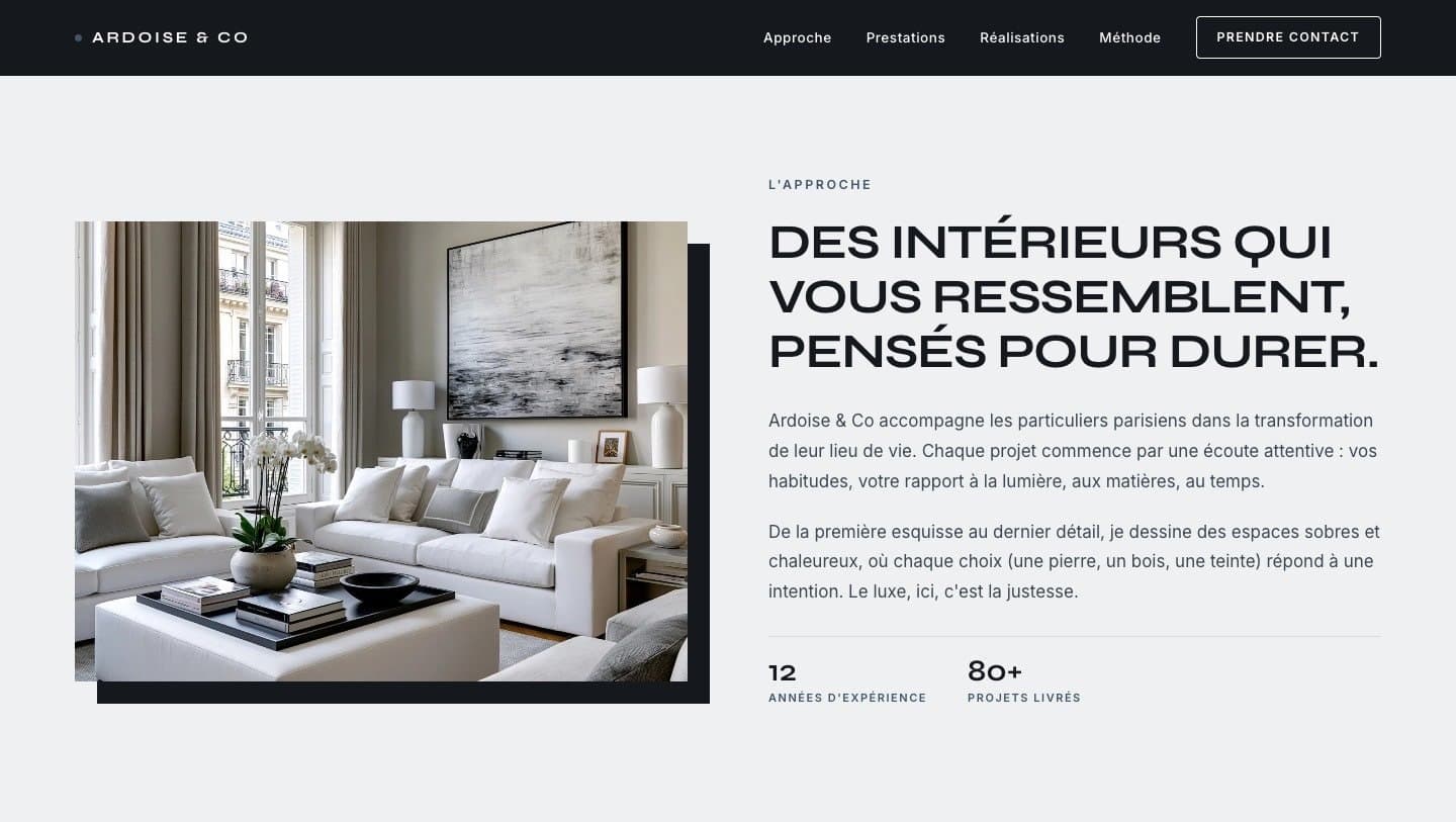 La même base de site sous une autre identité, Ardoise & Co, en noir et blanc