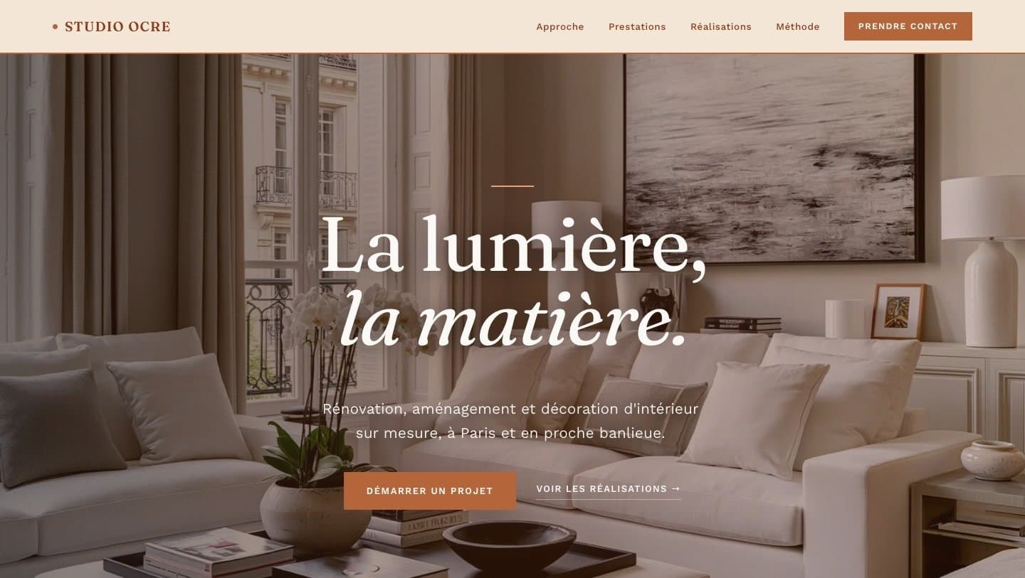 La même base de site sous une autre identité, Studio Ocre, en tons ocre
