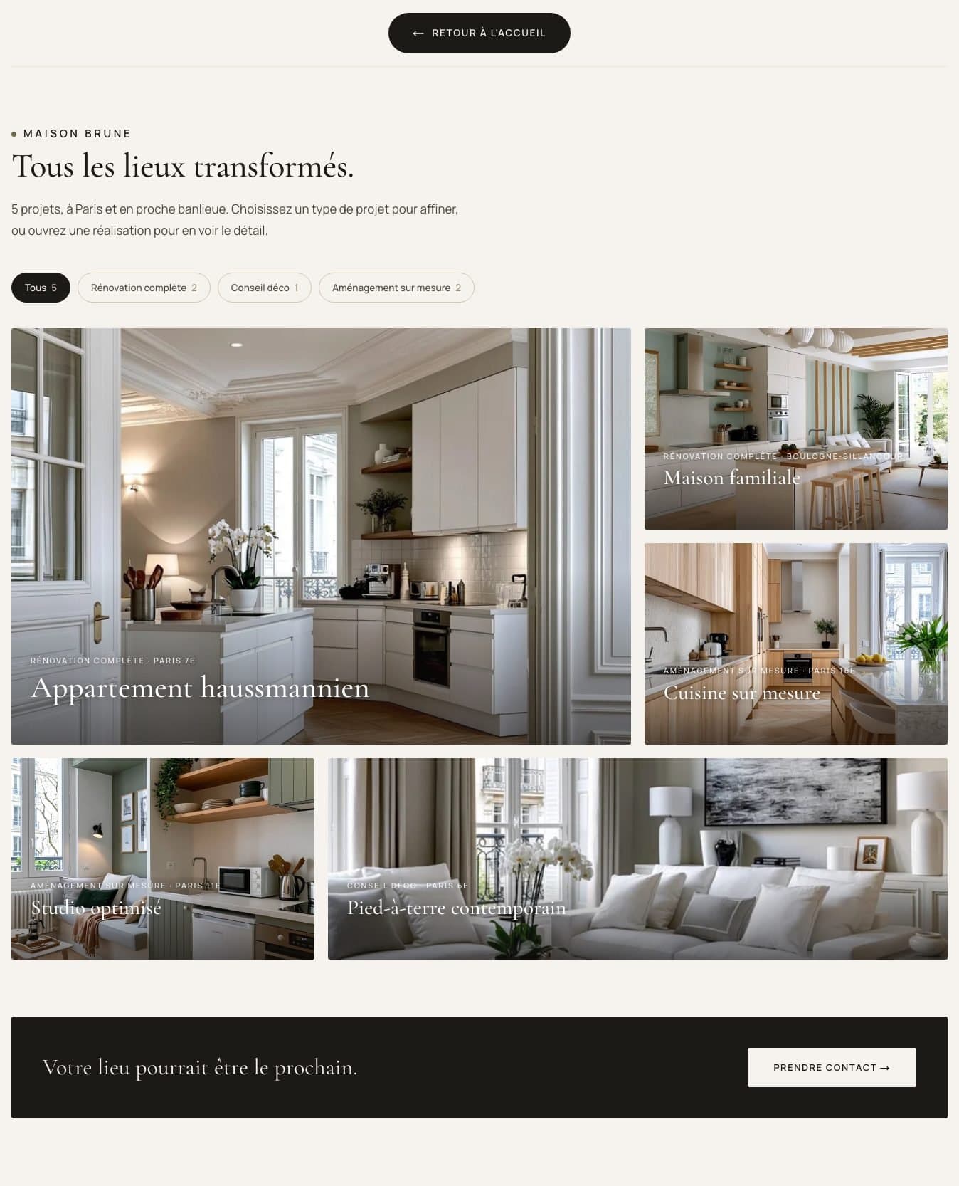 La page des réalisations de Maison Brune : six projets en grandes photos, à filtrer par type