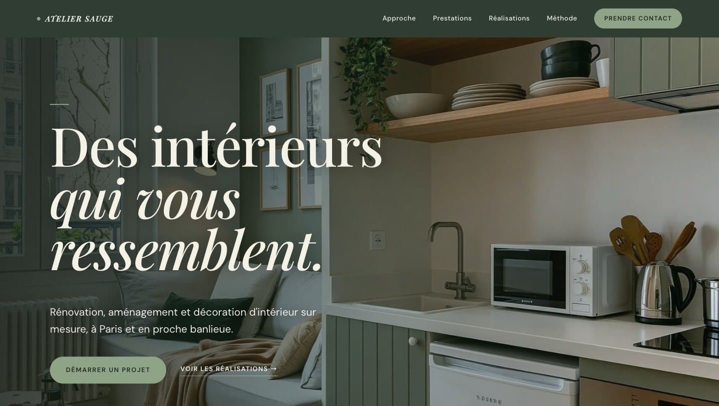 Atelier Sauge : la base en vert sauge, titre « Des intérieurs qui vous ressemblent »