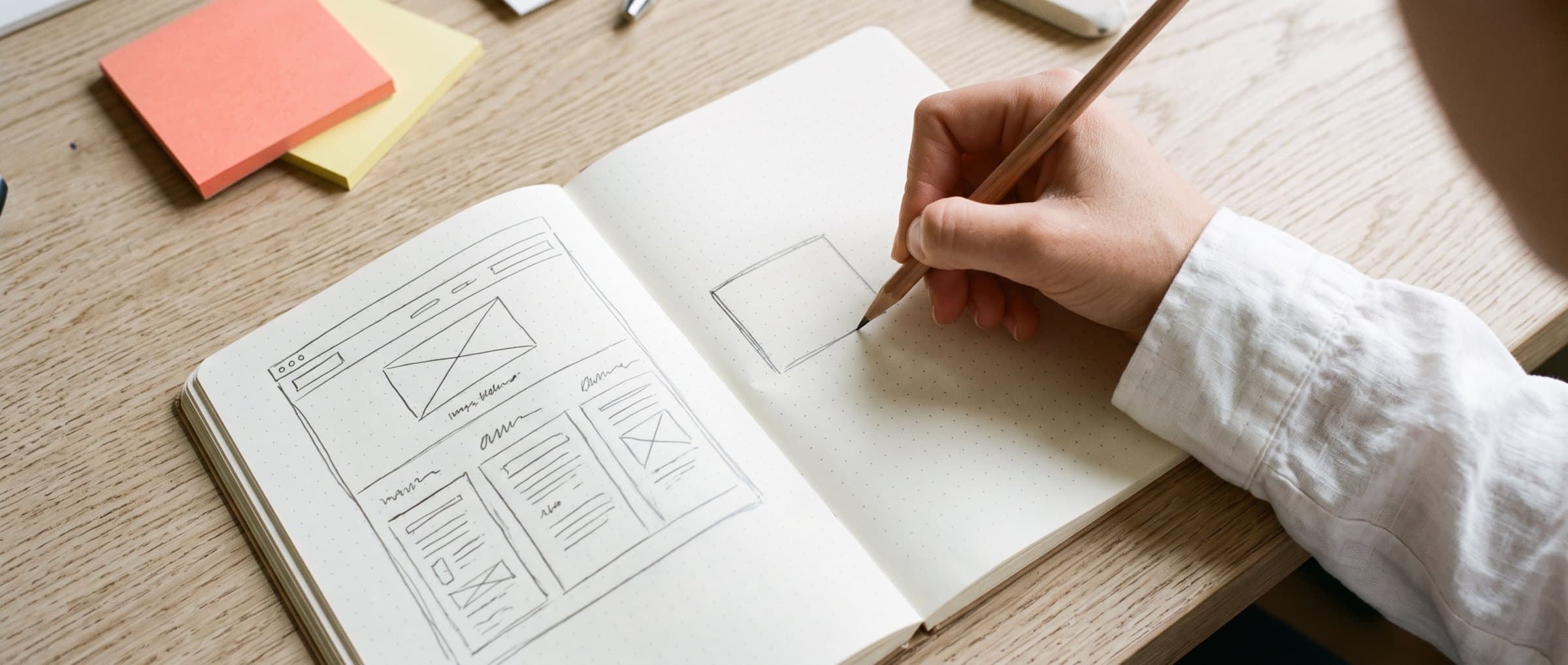 Une main dessine au crayon la maquette d'une page de site dans un carnet