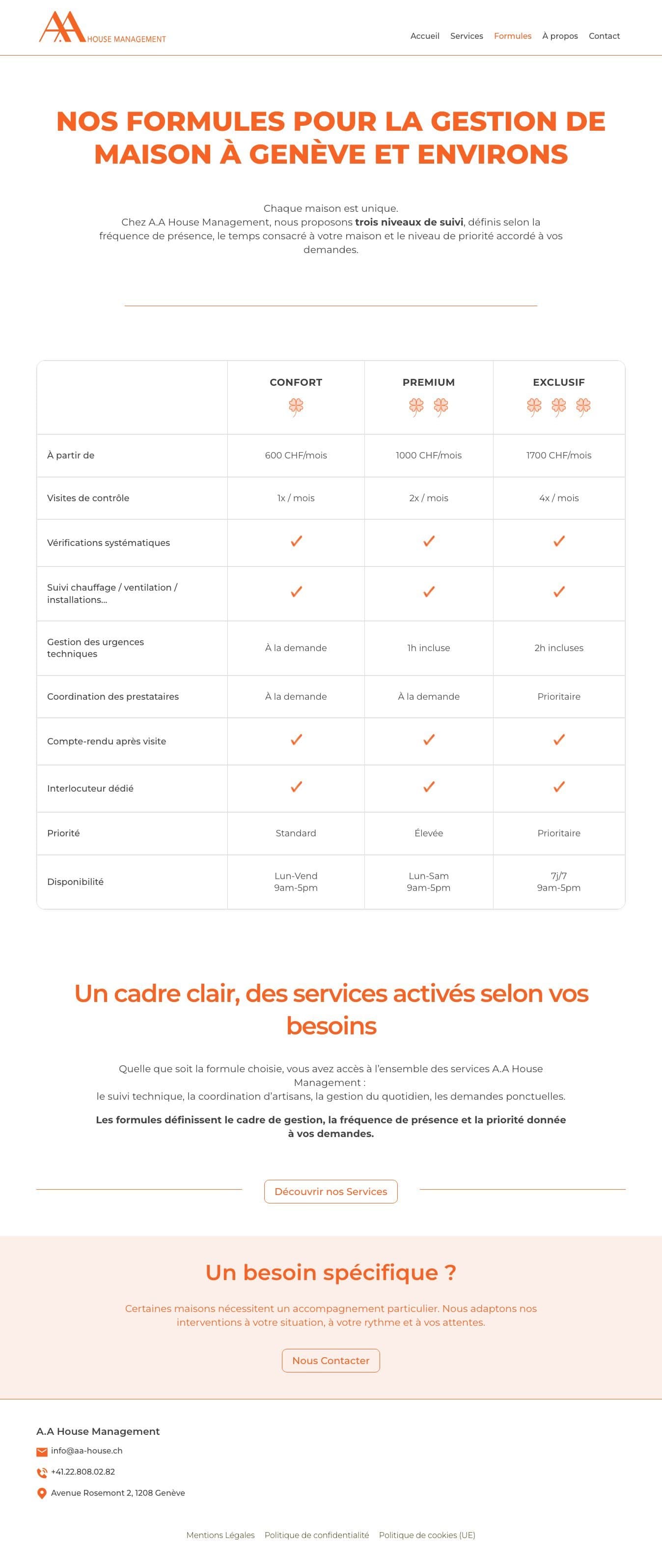 La page Formules du site d'A.A House Management : le tableau des formules Confort, Premium et Exclusif