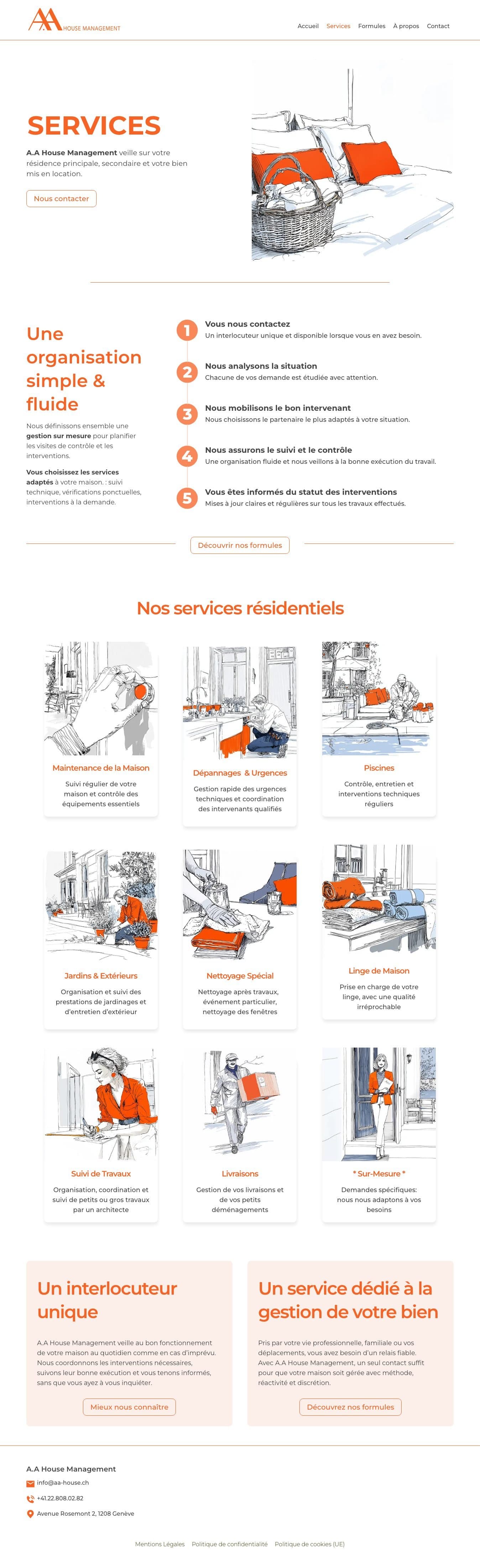 La page Services du site d'A.A House Management : les cinq étapes d'une demande et neuf services illustrés