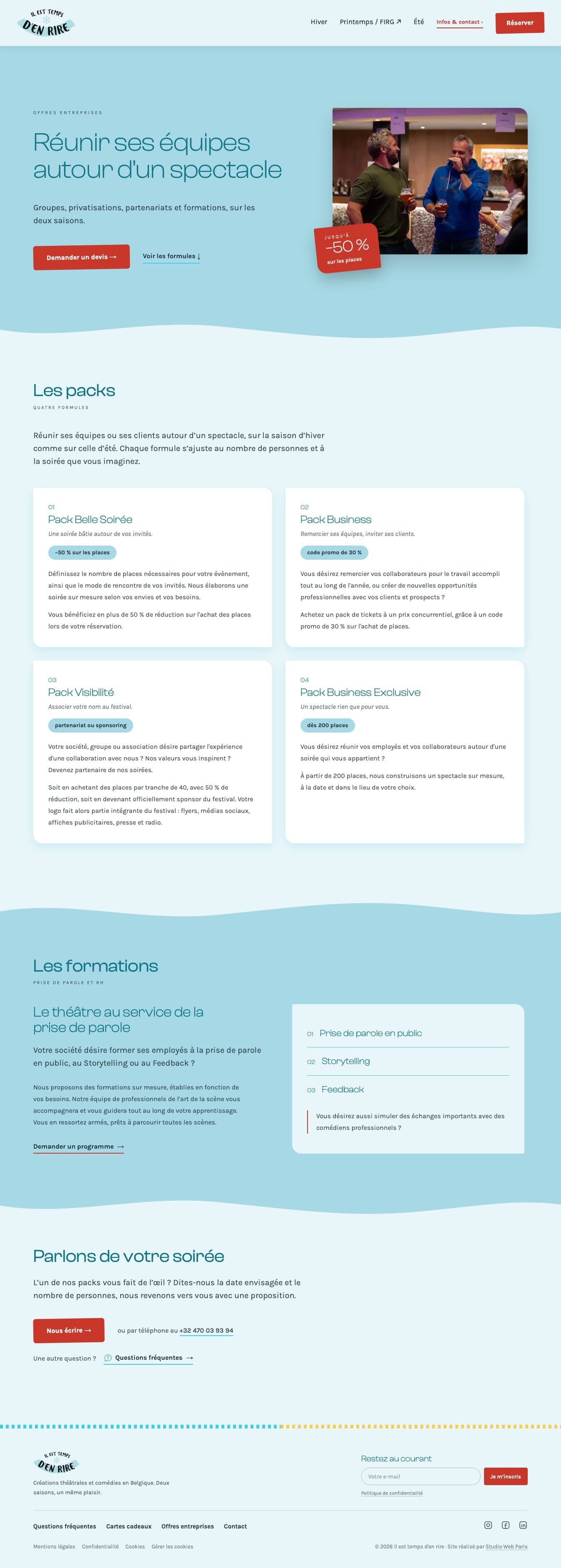 La page Offres entreprises du site d'Il est temps d'en rire : les packs et les formations