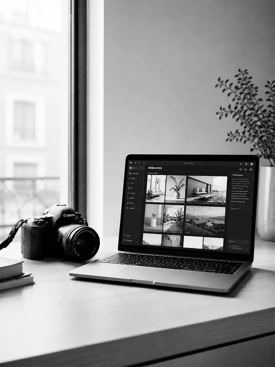 Appareil photo argentique et objets décoratifs sur une table en marbre